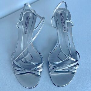 Bandolino 2” silver sandals, size 8.5